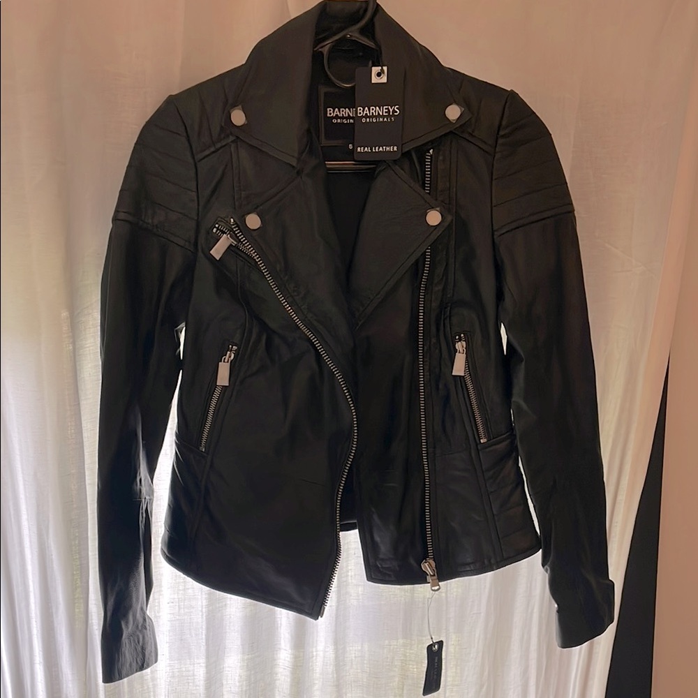 Barneys New York Black Leather Moto Jacket NWT, size 6